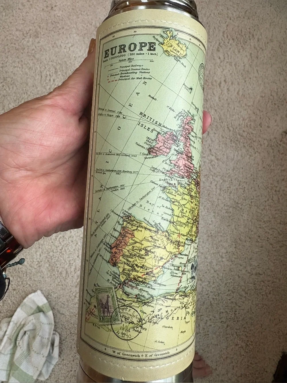 Vintage Wild & Wolf Map Europe Thermos Flask Leather Wrap Stitched Stainless St